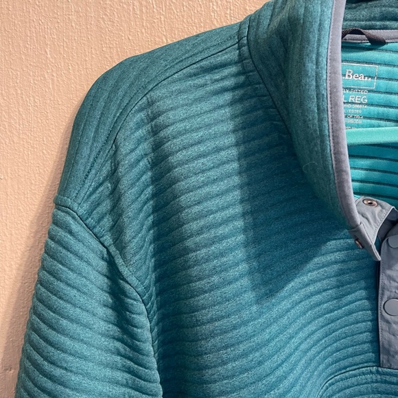 L.L. Bean 1/4 Snap Long Teal Crewneck Sweater with Ribbed Texture - Picture 5 of 10